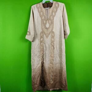 Embroidered Ombre Tan Kaftan Dress With Sequins & Tassel Detail Zipper Closure